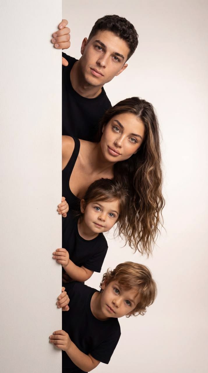 Studio family portrait — parents and two children stacked playfully