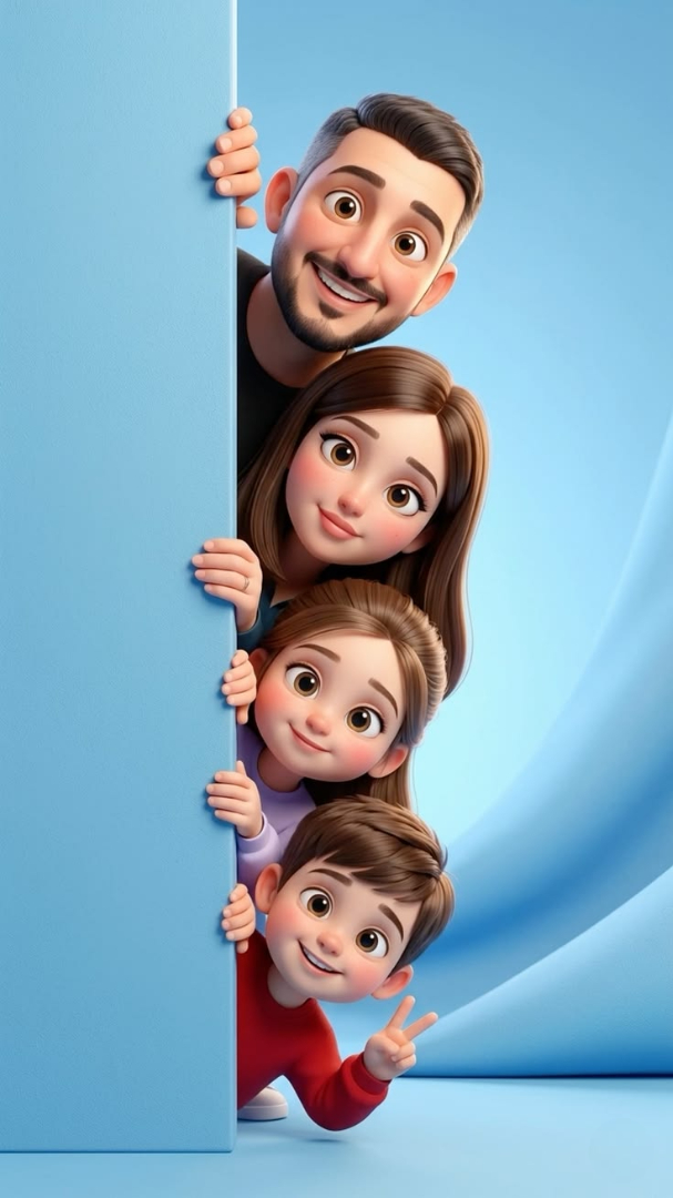 Playful cartoon family portrait — 3D rendered characters peeking around a corner